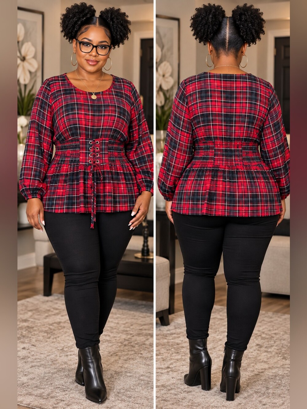 Plaid Lace-Up Waist Peplum Top - Red